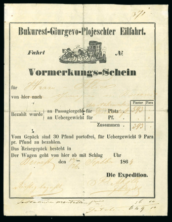 Stamp of Romania » Postal History » Postal Forms 1864 used stagecoach printed ticket on the Buchare