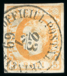 Stamp of Romania » King Carol 1869 - "Without Beard" Imperforate 1869 5 bani orange Prince Carol "with sideburns" a