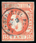 Stamp of Romania » King Carol 1869 - "Without Beard" Imperforate 15 bani vermilion Prince Carol "with sideburns", a