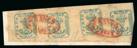 Stamp of Romania » 1858 (1st Nov.) - 1861 Moldavia - Handstruck at Jassy - Imperforate 1858 40 Parale Blue-Green smudged print on Yellowish Paper: Horizontal strip of four