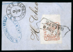 Stamp of Romania » 1858 (1st Nov.) - 1861 Moldavia - Handstruck at Jassy - Imperforate 80 parale brick-red on the rare bluish paper, a huge margined example cancelled by a neat FRANCO GALATZ marking