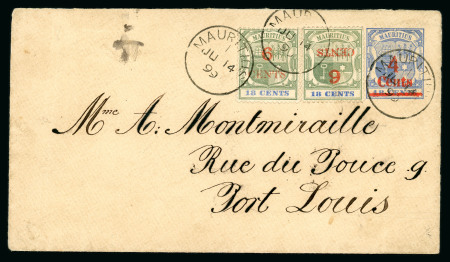 Stamp of Mauritius » 1883-91 Surcharges, Arms & Jubilee Issues (SG 112-35, 137) 1899 6c on 18c green and ultramarine with variety surcharge inverted on cover