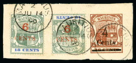 Stamp of Mauritius » 1883-91 Surcharges, Arms & Jubilee Issues (SG 112-35, 137) 1899 6c on 18c green and ultramarine with variety surcharge inverted on piece