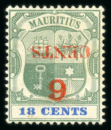 Stamp of Mauritius » 1883-91 Surcharges, Arms & Jubilee Issues (SG 112-35, 137) 1899 6c. on 18c. green and ultramarine, variety surcharge