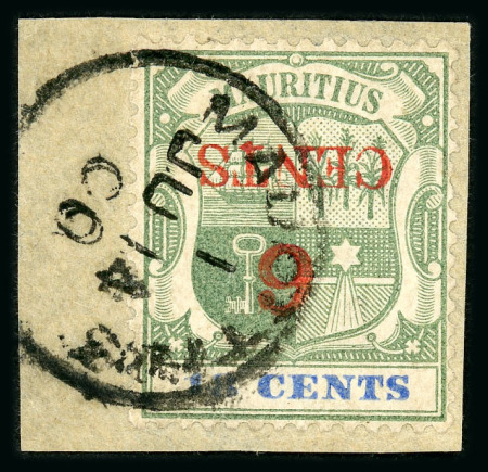 Stamp of Mauritius » 1883-91 Surcharges, Arms & Jubilee Issues (SG 112-35, 137) 1899 6c. on 18c. green and ultramarine with variety surcharge inverted, used