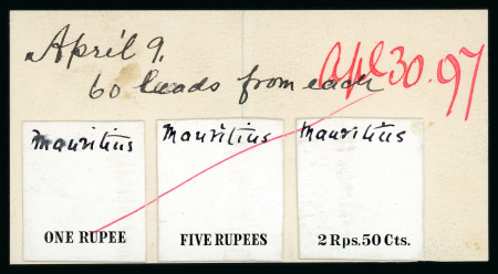 Stamp of Mauritius » 1900-05 Arms Issue (SG 138-155) 1900-05 Arms Issue 1r., 2r.50c. and 5r. stamp-size die proofs of the value tablets with manuscript "Mauritius" at top, all affixed to piece