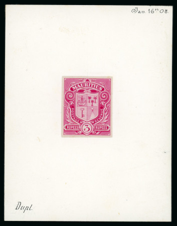 Stamp of Mauritius » Later Issues 1900-05 Arms Issue 3r. in pink, attractive essay with heavily engraved design of a large format with arms in centre