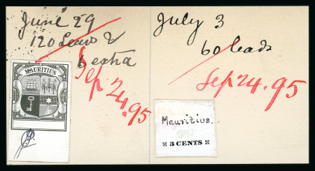 Stamp of Mauritius » 1883-91 Surcharges, Arms & Jubilee Issues (SG 112-35, 137) 1900-05 Arms Issue Small format, group of three De La Rue strking book pieces