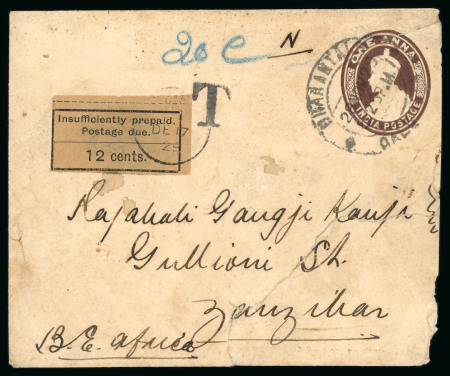 Stamp of Zanzibar ZANZIBAR postage due issue 1926-30 12c black on buff tied to postal stat. envelope from India