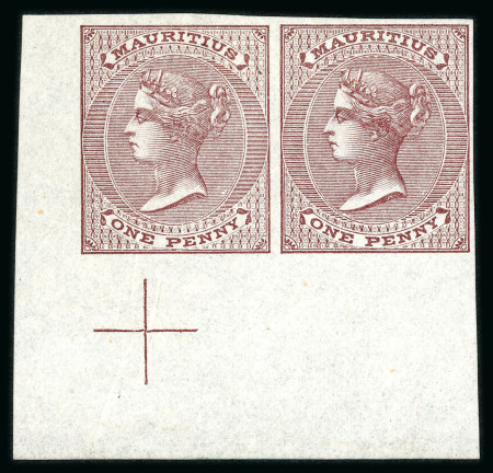 Stamp of Mauritius » 1860-72 De La Rue Issues (SG 46-72) 1860-63 1d. purple-brown, a lower left corner pair of imprimaturs