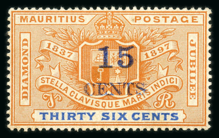 Stamp of Mauritius » 1883-91 Surcharges, Arms & Jubilee Issues (SG 112-35, 137) 1899 15c. on 36c. orange and ultramarine, variety bar of surcharge omitted, fine mint