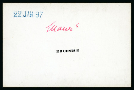 Stamp of Mauritius » 1900-05 Arms Issue (SG 138-155) 1900-05 Arms Issue 8c. die proof of the value tablet with manuscript "Maurs" in red ink above, in black on glazed card