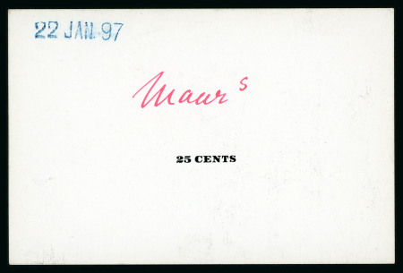 Stamp of Mauritius » 1900-05 Arms Issue (SG 138-155) 1900-05 Arms Issue 25c. De La Rue die proof of the value tablet with manuscript "Maurs" in red ink above, in black on glazed card