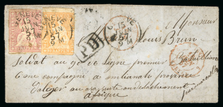 Stamp of Switzerland / Schweiz » Sitzende Helvetia Ungezähnt » 1854-55 Berner Druck (I) 1857, 15 Rp. rot zusammen mit 20 Rp. orange, je 1. Berner Druckperiode, auf Faltbrief von Genf nach Miliana (Algerien)