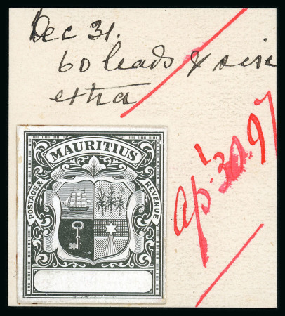 Stamp of Mauritius » 1900-05 Arms Issue (SG 138-155) 1896 (Dec 31) De La Rue striking book piece with stamp size die proof with blank value tablet