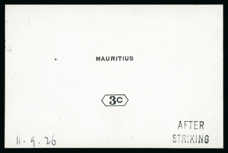 Stamp of Mauritius » Later Issues 1926 (Sep) 3c De La Rue die proof of the value tablet and name in black on glazed card