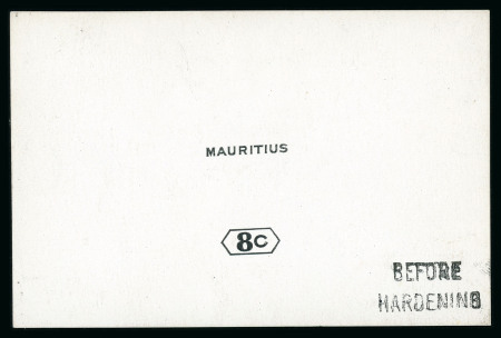 Stamp of Mauritius » Later Issues 1926 (?) 8c. De La Rue proof of the value tablet and name in black on glazed card