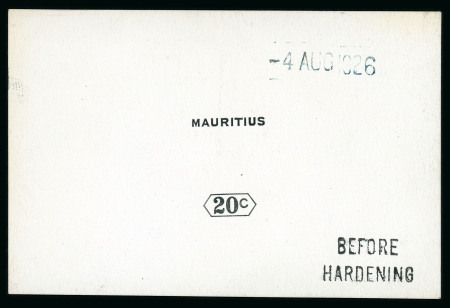 Stamp of Mauritius » Later Issues 1926 (Aug) two 20c. De La Rue proofs of the value tablet and name in black on glazed cards