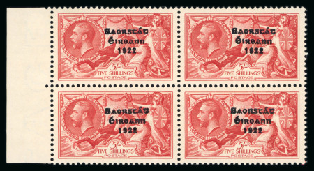 Stamp of Ireland » 1935 Re-Engraved Overprints (T75-T77) 5s red, mint left sheet marginal block of four, fresh