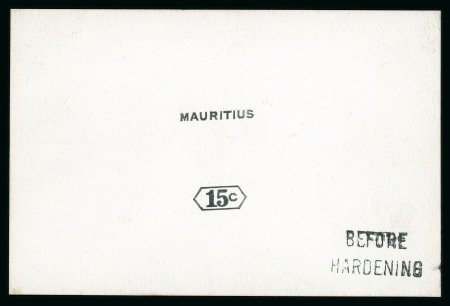 Stamp of Mauritius » Later Issues 1926 (Aug) two 15c. De La Rue die proofs of the value tablet and name in black on glazed cards