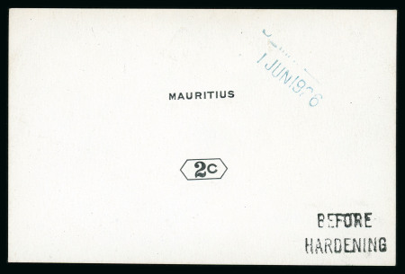 Stamp of Mauritius » Later Issues 1926 (Jun) two 2c. De La Rue proofs of the value tablet and name in black on glazed cards