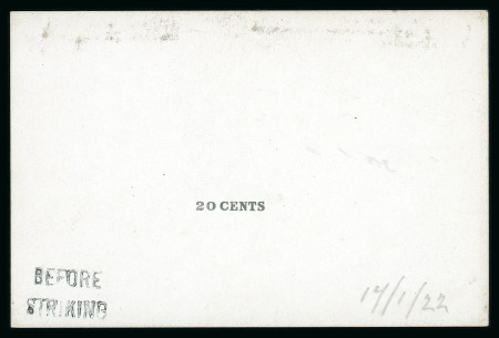 Stamp of Mauritius » Later Issues 1922 (Jan) two 20c. De La Rue die proofs of the value tablet in black on glazed cards (92x60mm.), marked "Before Striking" and "After Striking"