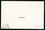 Stamp of Mauritius » Later Issues 1922 (Jan) two 20c. De La Rue die proofs of the value tablet in black on glazed cards (92x60mm.), marked "Before Striking" and "After Striking"