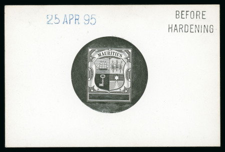 Stamp of Mauritius » 1883-91 Surcharges, Arms & Jubilee Issues (SG 112-35, 137) 1895 (Apr) Master die proof of the Arms issue with uncleared value tablet and surround in black on glazed card