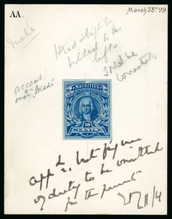 Stamp of Mauritius » 1899 Birth Bicentenary of la Bourdonnais (SG 136) 1899 (Mar.) Mahe de la Bourdonnais Bicentenary essays, 18c. composite stamp-size essay "BB" approved