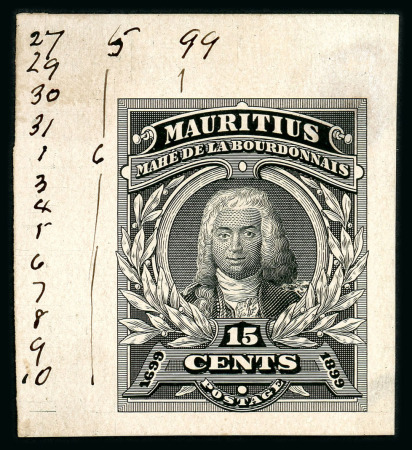 Stamp of Mauritius » 1899 Birth Bicentenary of la Bourdonnais (SG 136) 1899 (Mar.) Mahé de la Bourdonnais Bicentenary essays, the unique 15c. working die proof