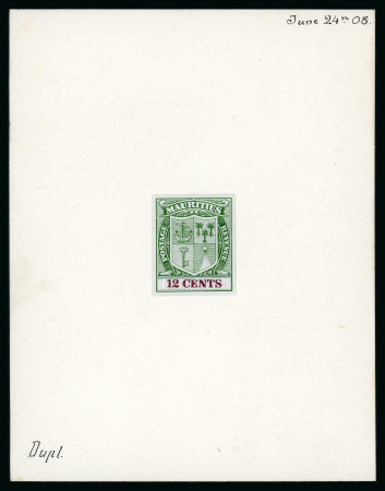 Stamp of Mauritius » Later Issues 1900-05 Arms Issue 12c. in green, essay with the value tablet excised and "12 cents" in claret inserted