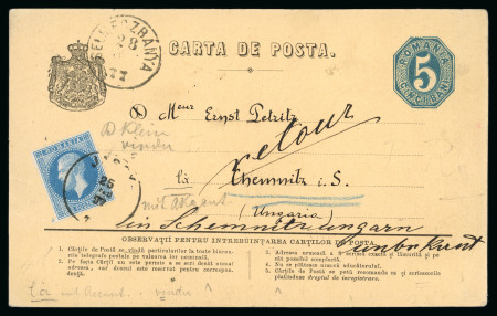 Stamp of Romania » 1872-79 Prince Carol I - Perforated 1877 uprated 5b stationery card Jassy to Hungary returned