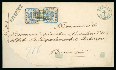 Stamp of Romania » United Principalities 1862-1864 1862 registered cover front pair 30 parale Dorohoj Moldova