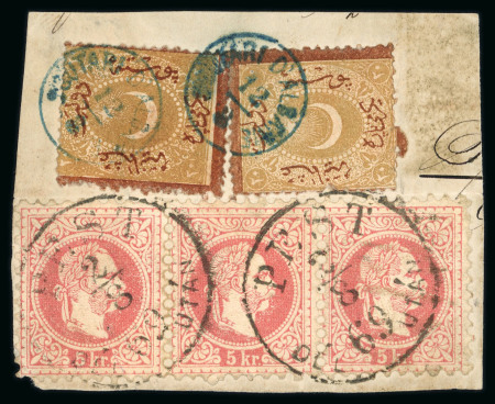 Stamp of Austria » Austrian Levant Austria Austrian Levant Albania 1869 fragment 5Kr (3) + turkish postage due w. blue SCUTARI D'ALBANIE