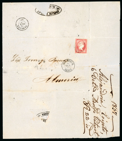 Stamp of Egypt » Postal History 1857 (Oct 6) entire sent from Alexandria to Almeria, Spain, carried by ship's Captain and mailed in San Rogue