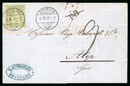 Stamp of Switzerland / Schweiz » Sitzende Helvetia Gezaehnt » Destinationen 1875, Brief von Zofingen (Aargau) nach Aleppo (Syrien) mit 1868 25 Rp. grün Sitzende Helvetia