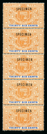 Stamp of Mauritius » 1883-91 Surcharges, Arms & Jubilee Issues (SG 112-35, 137) 1898 Diamond Jubilee 36c. orange and ultramarine vertical strip of five each overprinted "SPECIMEN"