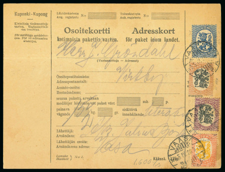 Stamp of Finland 1920s definitives, lion type, a rare parcel card bearing 25mk