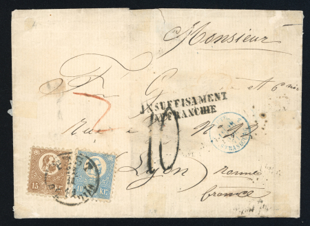 Stamp of Hungary 1871 (Nov 22) wrapper from Pest to France with 1871 Litho 10k pale blue and 15k yellow-brown, underpaid