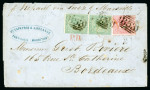 Stamp of Mauritius » 1860-72 De La Rue Issues (SG 46-72) 1860-63 4d. rose and 6d. green vertical pair, on 1863 (6 June) double rate entire to Bordeaux