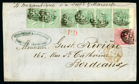 Stamp of Mauritius » 1860-72 De La Rue Issues (SG 46-72) 1863-72 4d. rose and 6d. green wing-margin strip of six, on 1866 (18 (Oct.) treble rate entire to Bordeaux