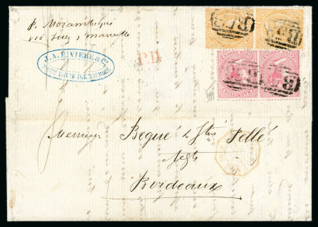 Stamp of Mauritius » 1860-72 De La Rue Issues (SG 46-72) 1863-72 4d. rose pair and 1/- yellow vertical pair, on 1867 (18 July) double rate entire to Bordeaux