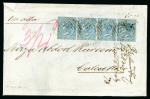 Stamp of Mauritius » 1860-72 De La Rue Issues (SG 46-72) 1863-72 1s blue strip of four, on 1873 (14 Nov.) quadruple rate entire to Calcutta