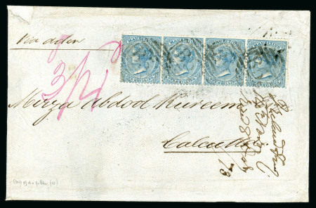 Stamp of Mauritius » 1860-72 De La Rue Issues (SG 46-72) 1863-72 1s blue strip of four, on 1873 (14 Nov.) quadruple rate entire to Calcutta