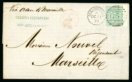 Stamp of Mauritius » 1860-72 De La Rue Issues (SG 46-72) 1863-72 6d. green with wing-margin, on 1877 (11 Oct.) entire to Marseilles