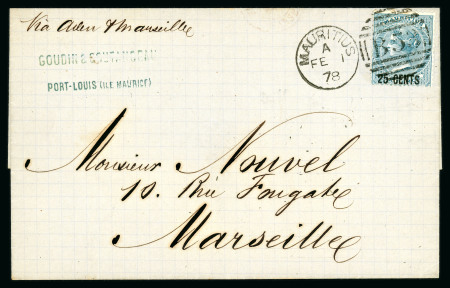 Stamp of Mauritius » 1876-78 Surcharges (SG 76-91) 1878 25c. on 6d. slate-blue, on 1878 (1 Feb.) entire to Marseilles