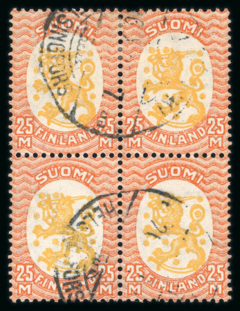 Stamp of Finland 1925, Facit n° 122 in bloc of four, used Helsinki cancellation, S