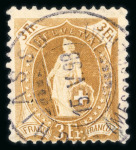 Stamp of Switzerland / Schweiz » Stehende Helvetia 1898, Stehende Helvetia 3 Fr. braun, auf normalem Papier, mit breitem Kontrollzeichen, Feld 91, Druckplatte Ia,  zentrisch entwertet mit schwarzem Stempel