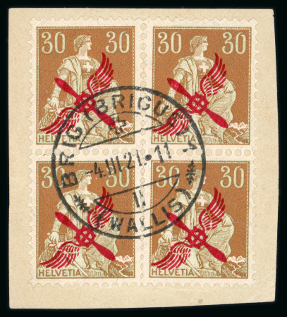 Stamp of Switzerland / Schweiz » Flugpost » Flugmarken 1921, Propellerradaufdruck 30 Rp. braun, 2 Paare zusammen auf Briefstück