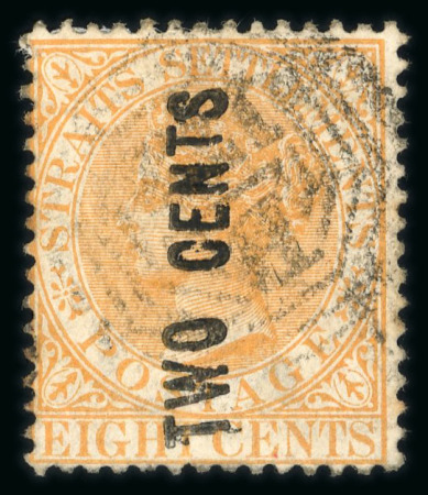 Stamp of Malaysia » Straits Settlements 1883 2c on 8c orange, type 20d surcharge double, used